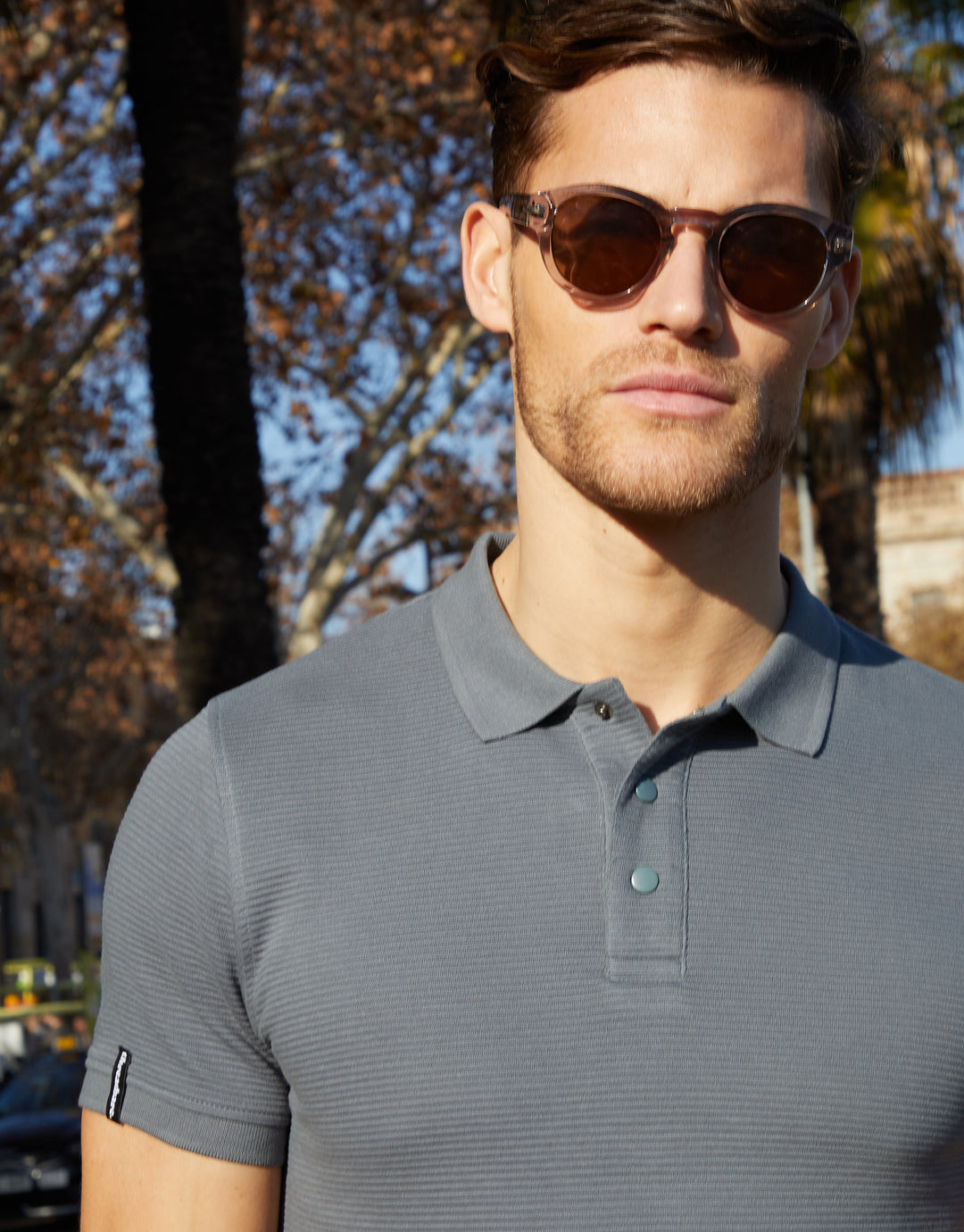 Grey Ottoman Rib Textured Polo Shirt