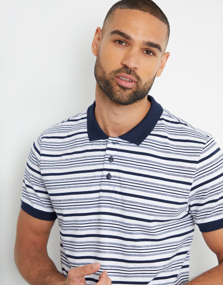 Navy Stripe Contrast Rib Collar Polo Shirt