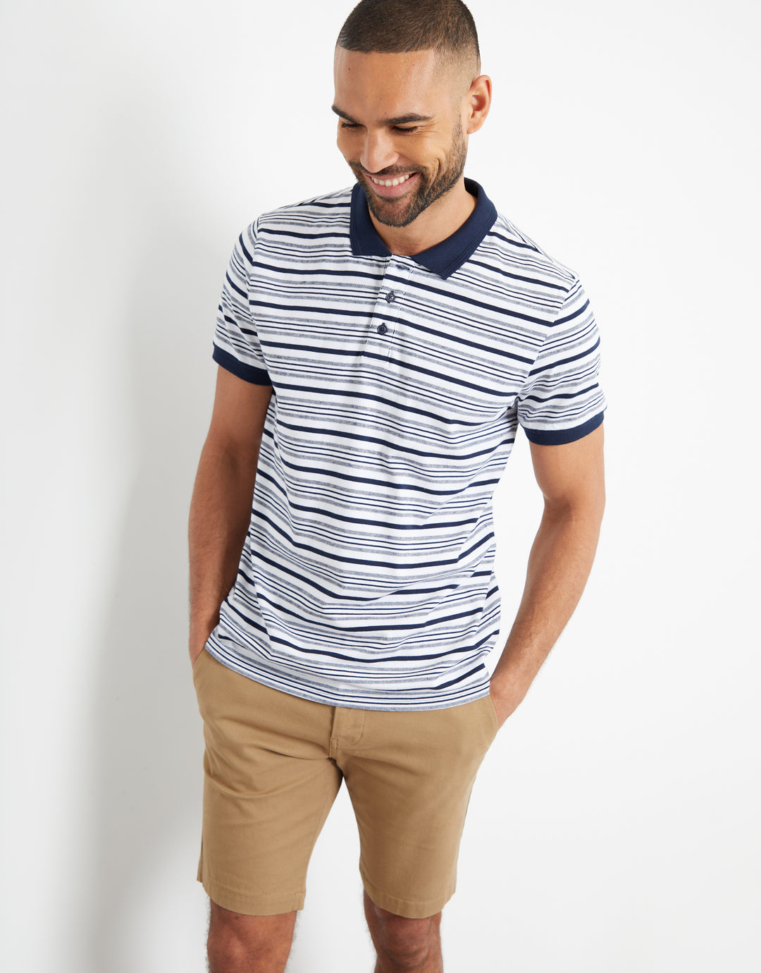 Navy Stripe Contrast Rib Collar Polo Shirt