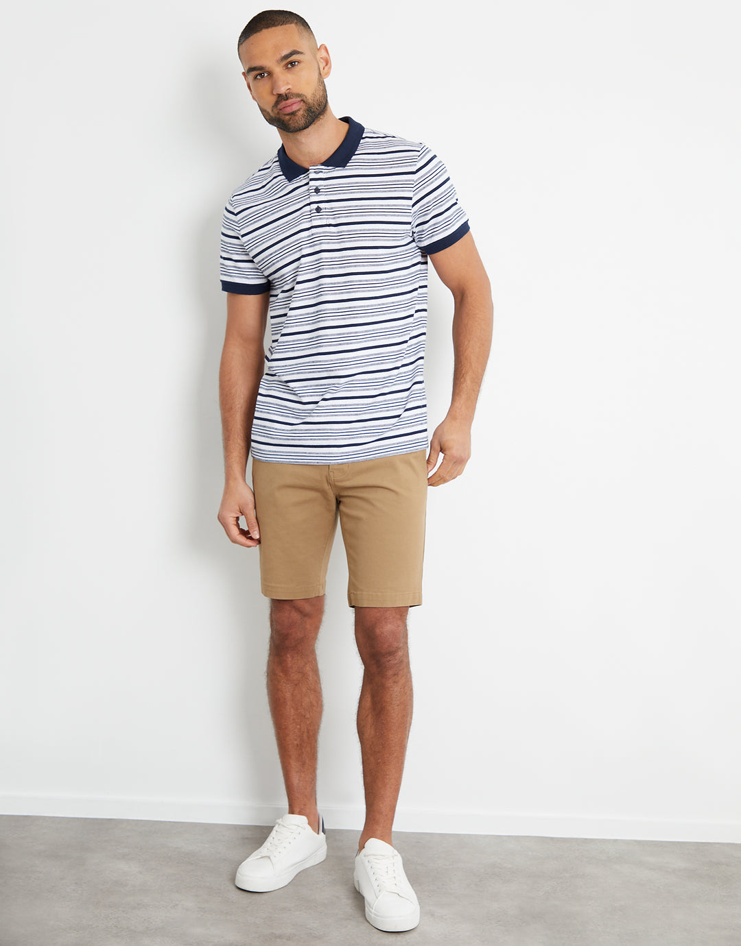 Navy Stripe Contrast Rib Collar Polo Shirt