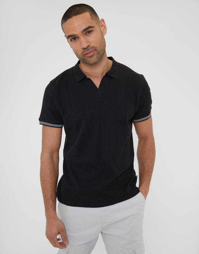 Men's Black Textured Open Collar Polo Shirt
