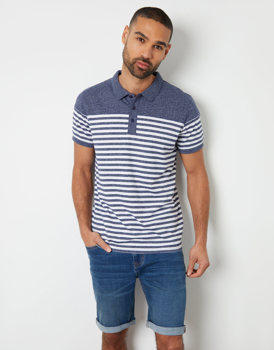 Navy Grindle Striped Rib Collar Polo Shirt