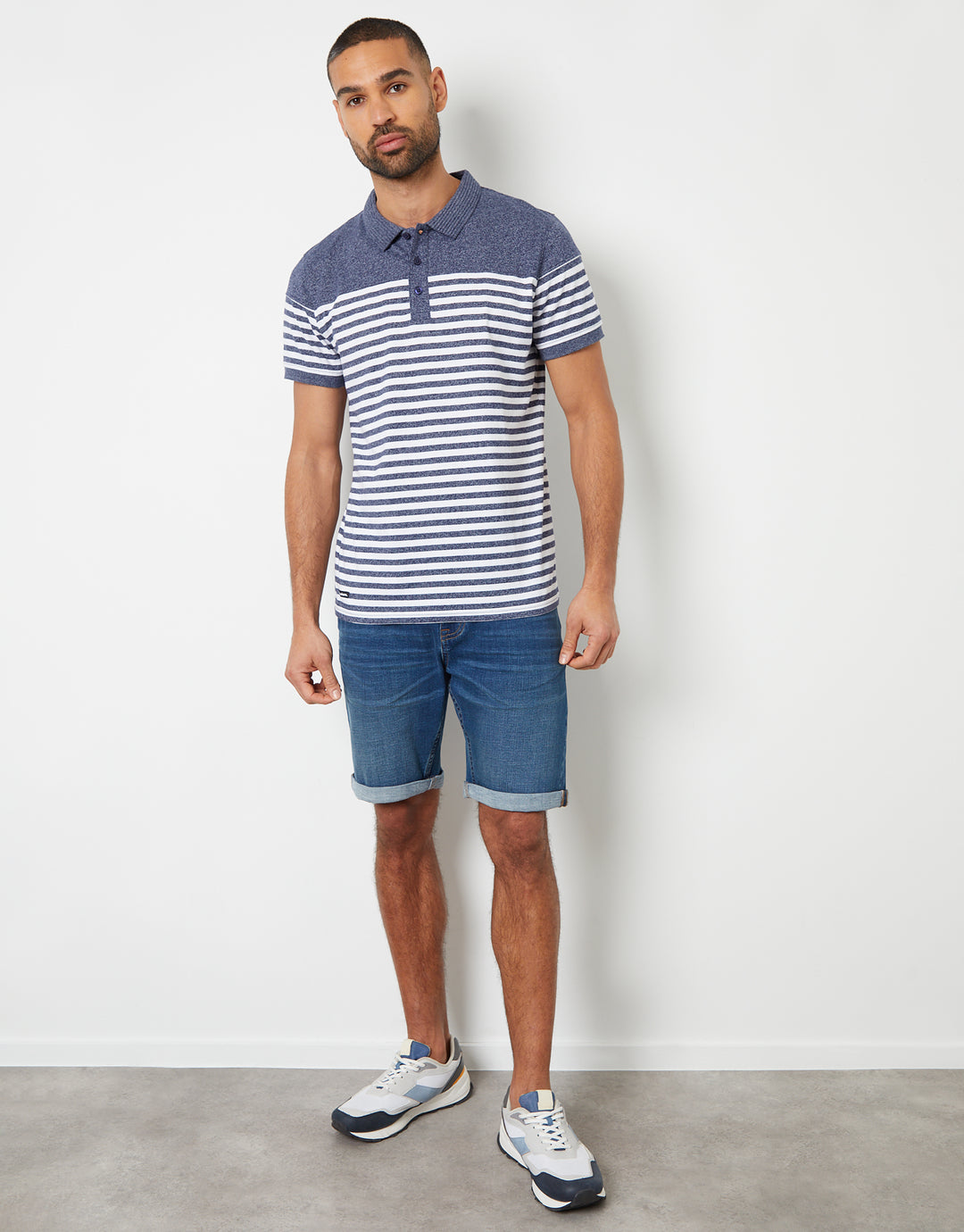 Navy Grindle Striped Rib Collar Polo Shirt