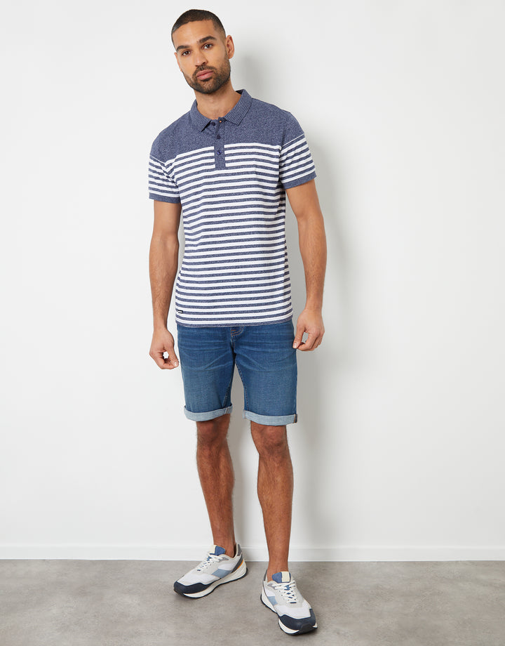 Navy Grindle Striped Rib Collar Polo Shirt