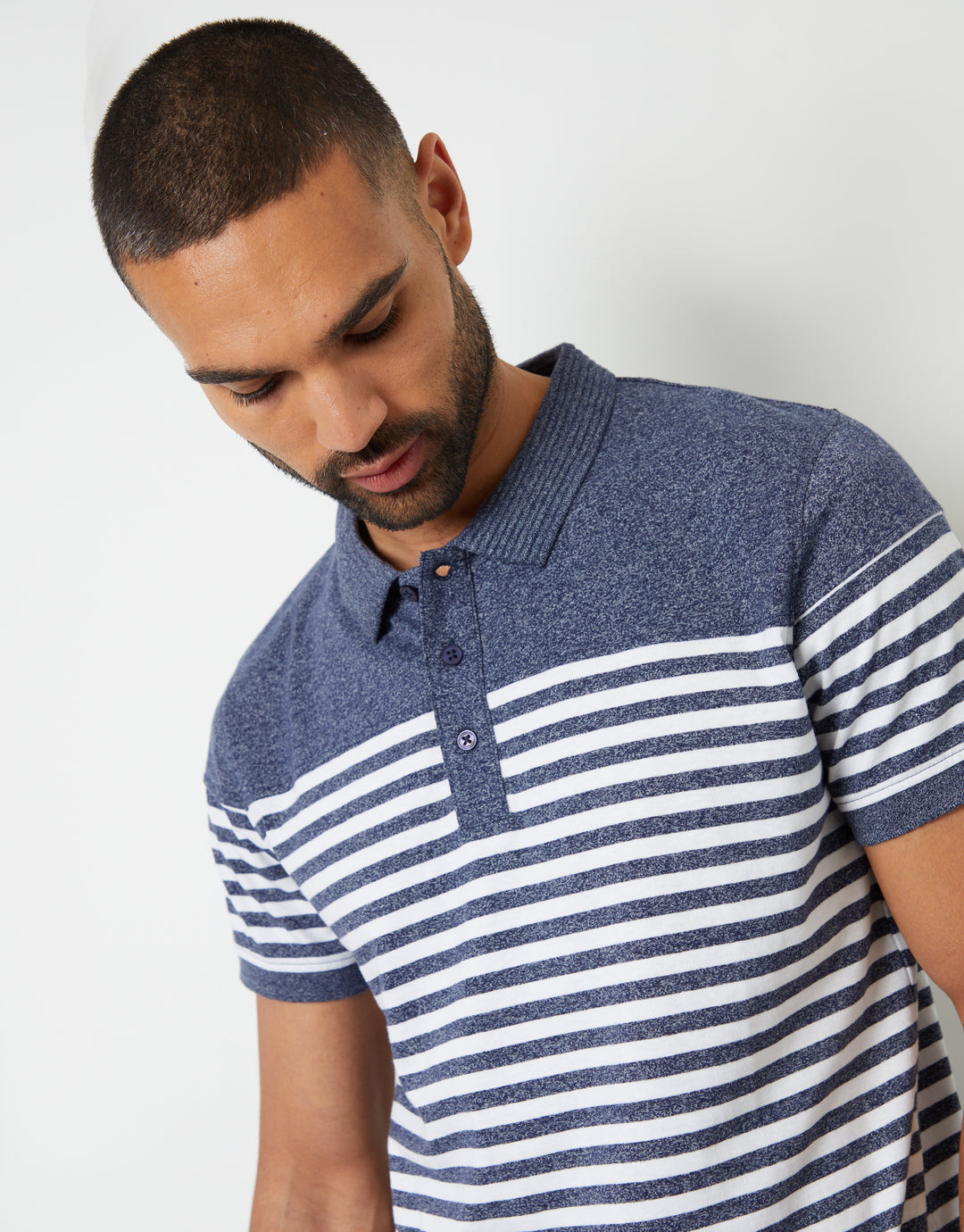 Navy Grindle Striped Rib Collar Polo Shirt