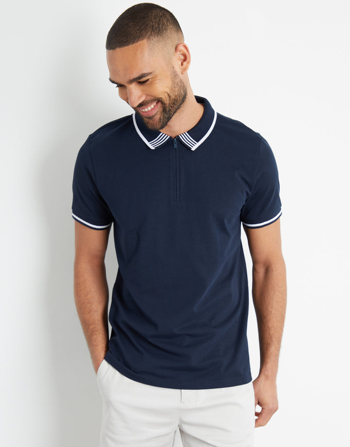 Navy Tipping Detail Zip Neck Polo Shirt