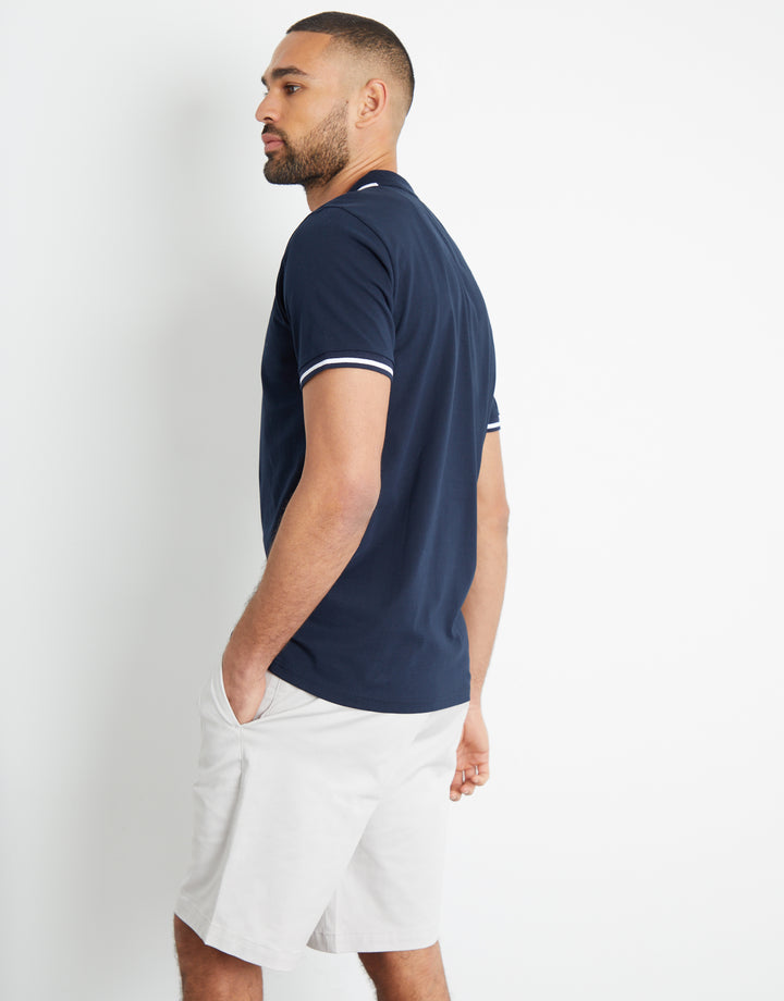 Navy Tipping Detail Zip Neck Polo Shirt