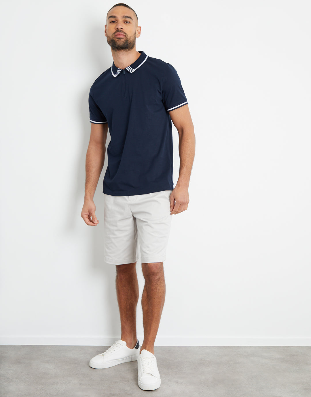 Navy Tipping Detail Zip Neck Polo Shirt