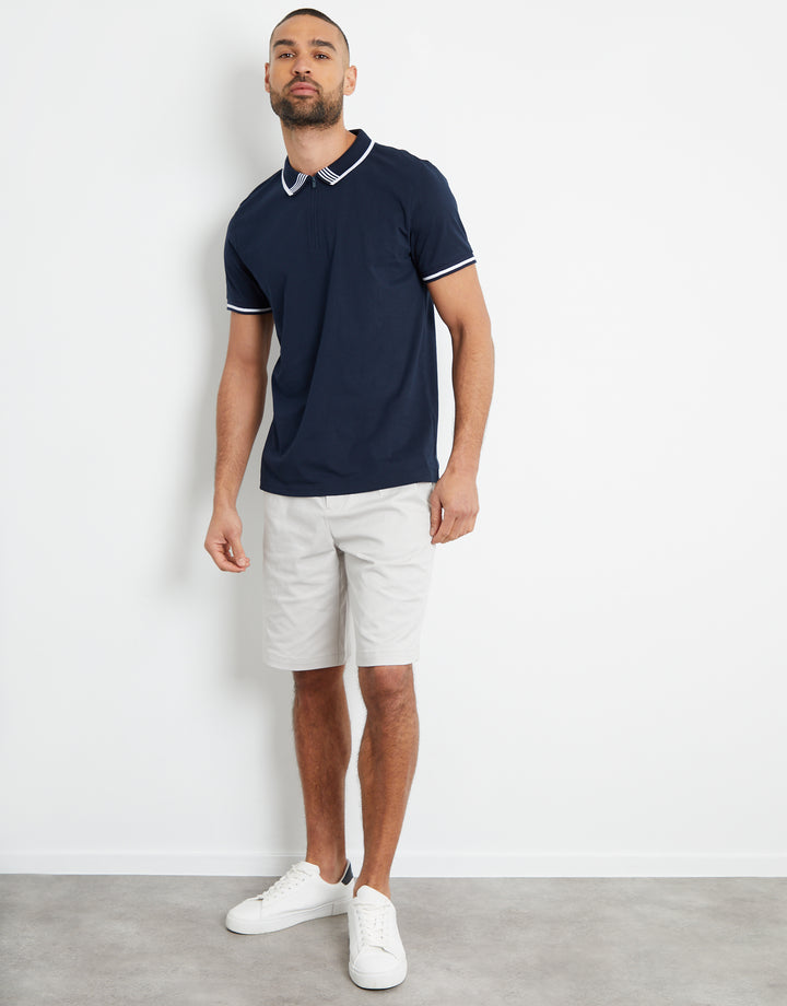 Navy Tipping Detail Zip Neck Polo Shirt