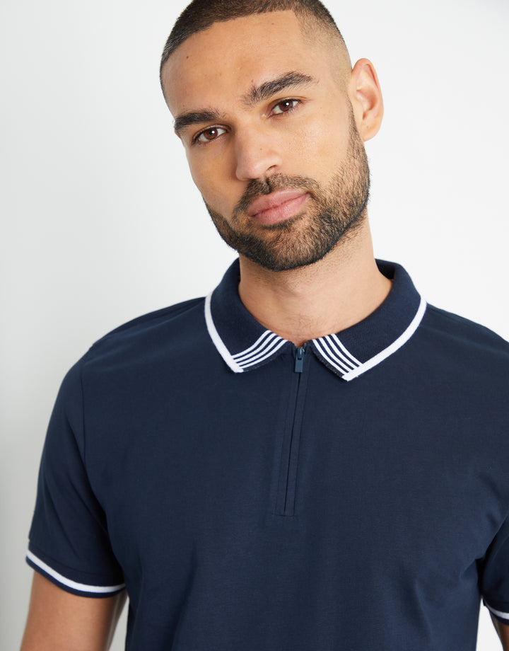 Navy Tipping Detail Zip Neck Polo Shirt
