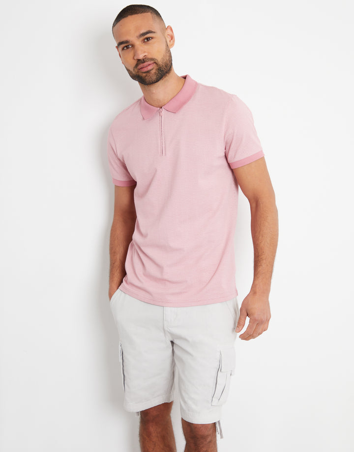 Vintage Pink Printed Zip Neck Polo Shirt