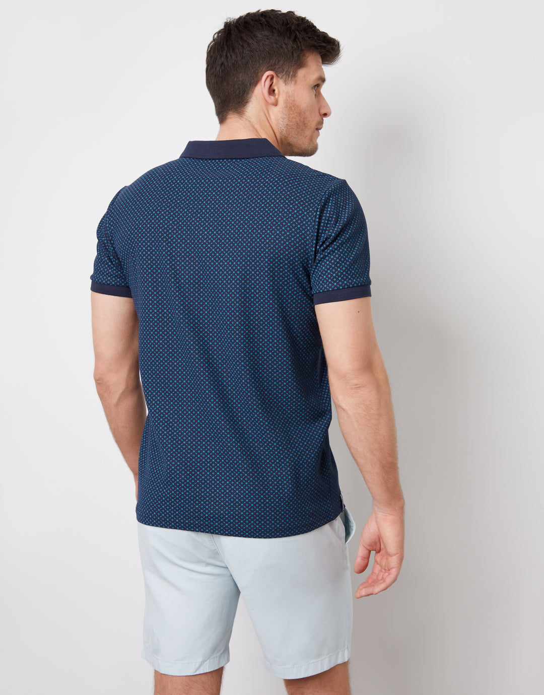 Navy Geo Print Trophy Neck Pique Polo Shirt