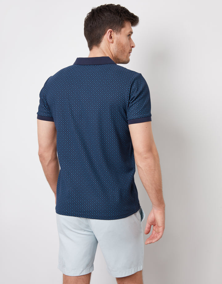 Navy Geo Print Trophy Neck Pique Polo Shirt