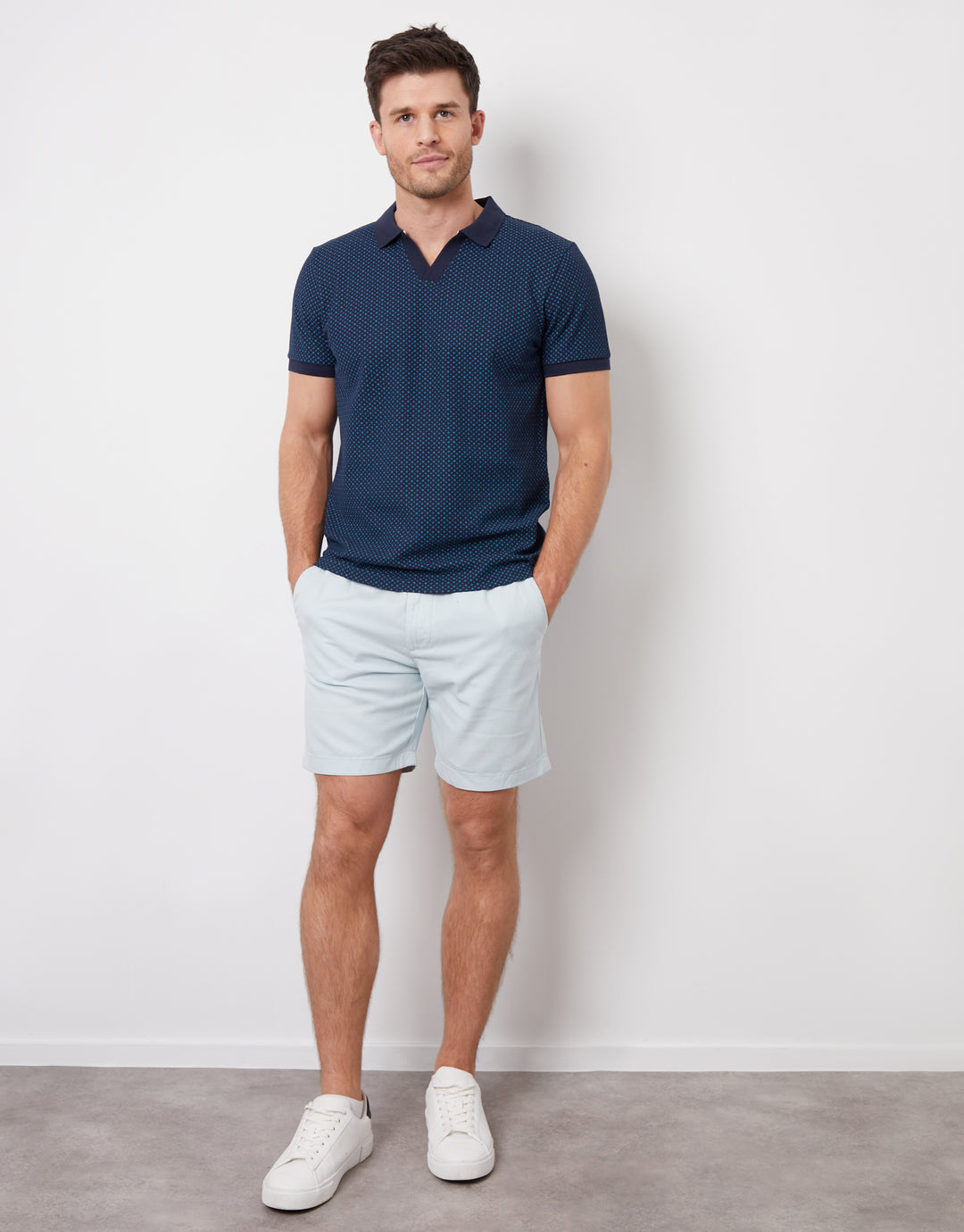 Navy Geo Print Trophy Neck Pique Polo Shirt