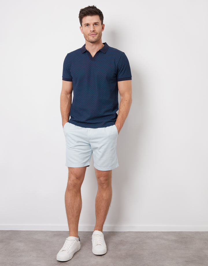 Navy Geo Print Trophy Neck Pique Polo Shirt