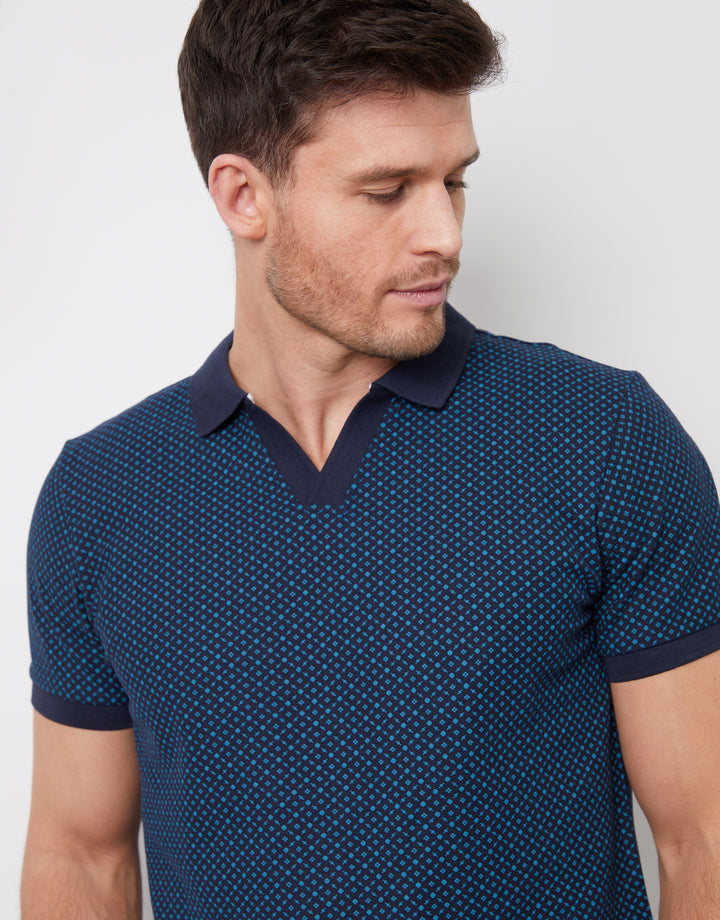 Navy Geo Print Trophy Neck Pique Polo Shirt
