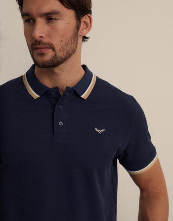 Threadbare Herringbone Tipping Detail Pique Polo Shirt in Navy - collar close up