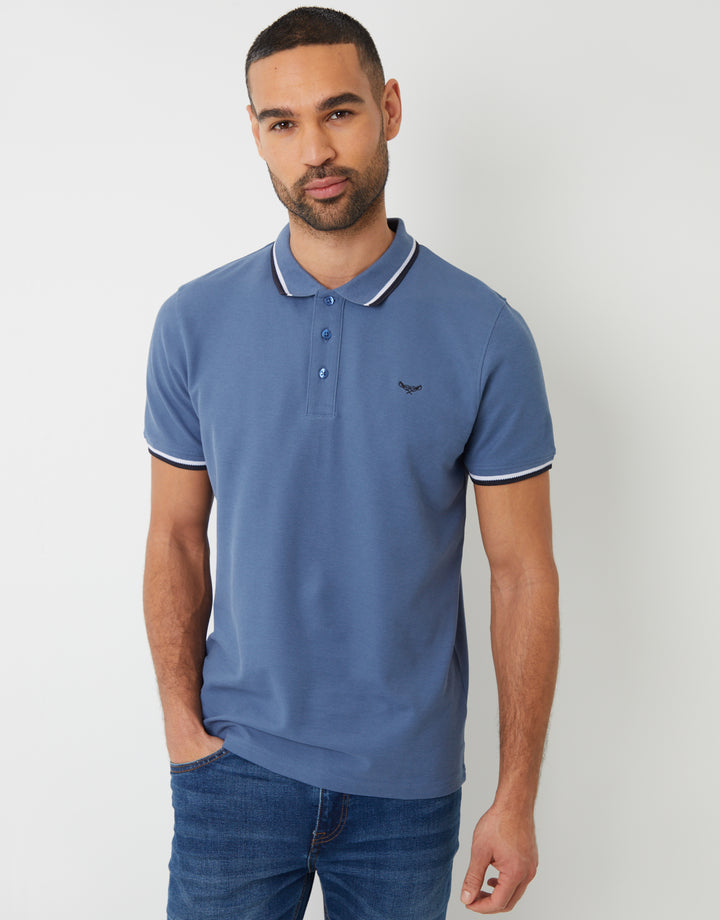 Denim Blue Herringbone Tipping Detail Pique Polo Shirt