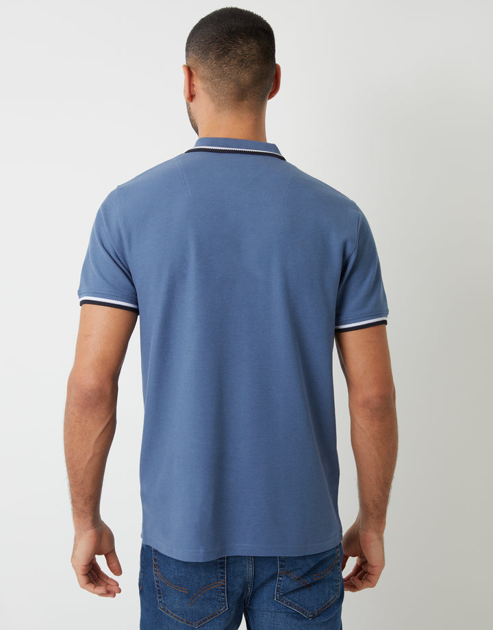 Denim Blue Herringbone Tipping Detail Pique Polo Shirt