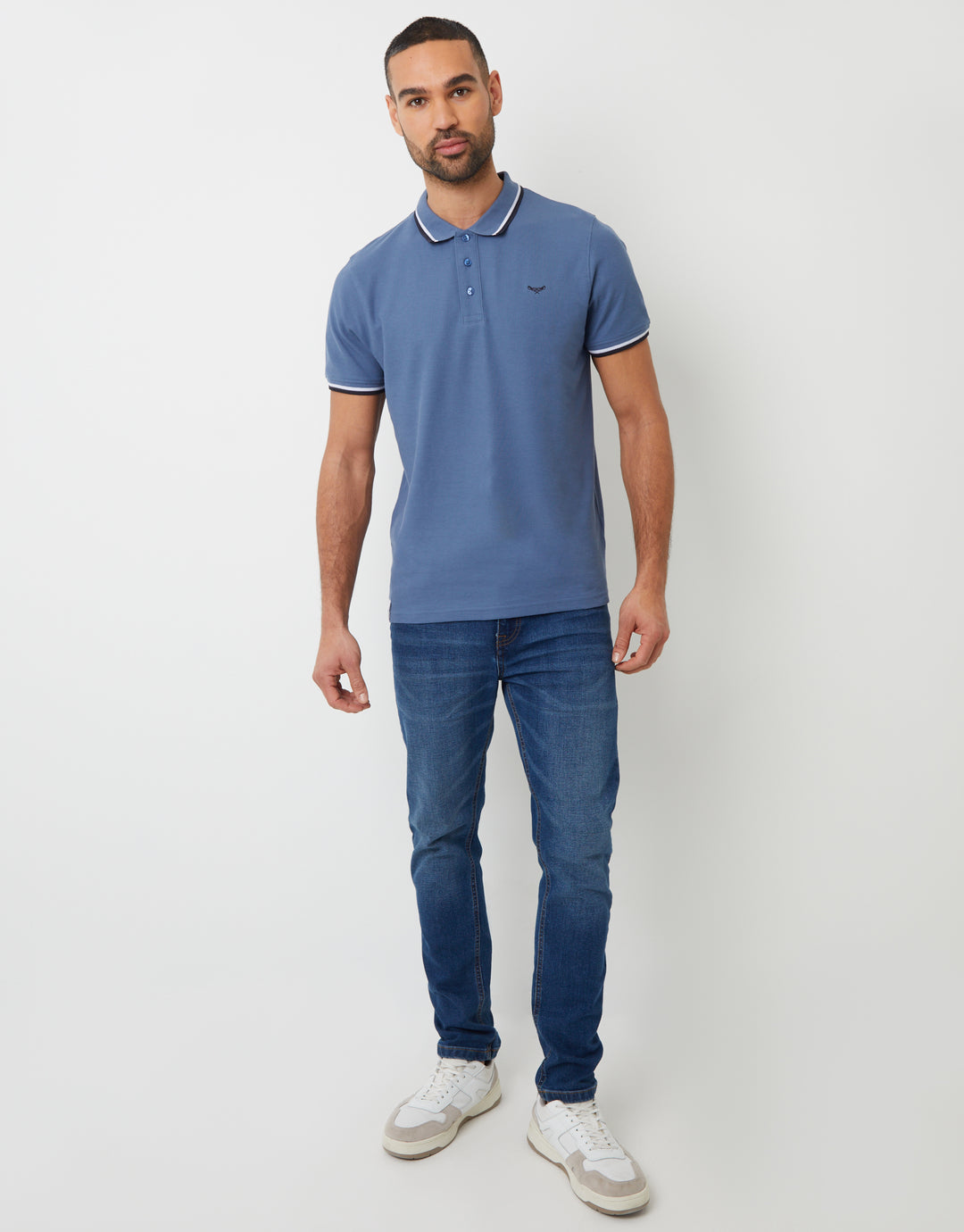 Denim Blue Herringbone Tipping Detail Pique Polo Shirt