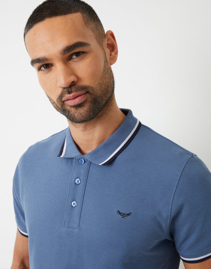 Denim Blue Herringbone Tipping Detail Pique Polo Shirt