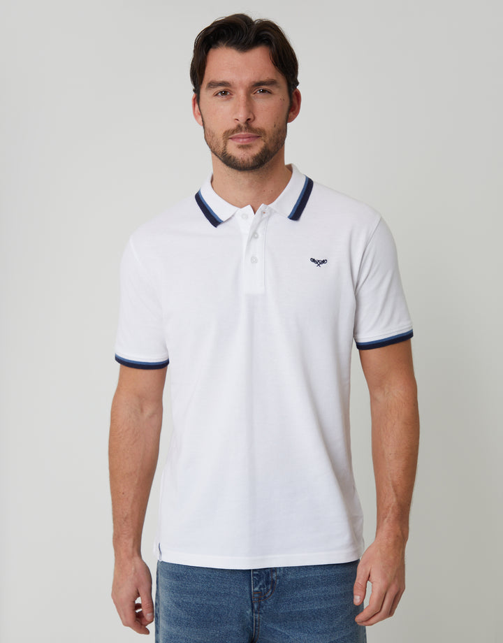 White Herringbone Tipping Detail Pique Polo Shirt