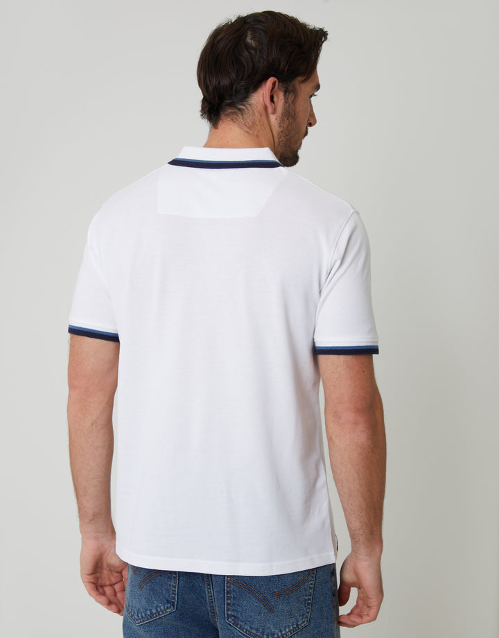White Herringbone Tipping Detail Pique Polo Shirt