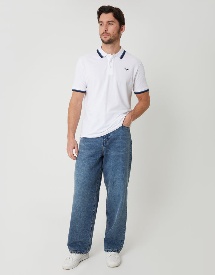 White Herringbone Tipping Detail Pique Polo Shirt