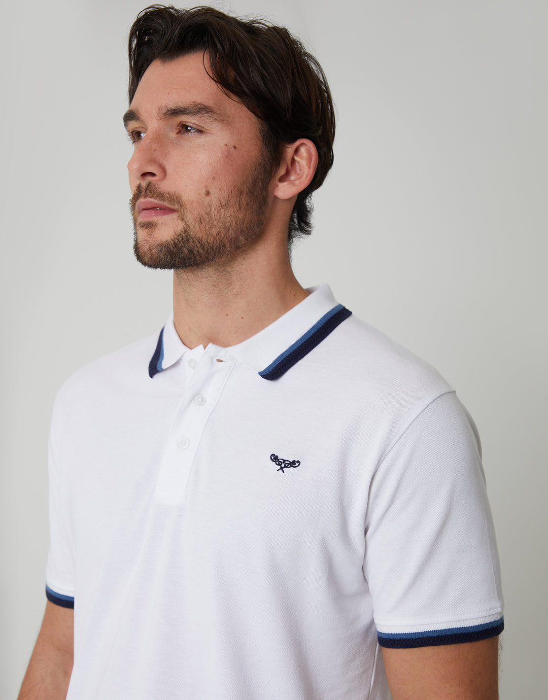 White Herringbone Tipping Detail Pique Polo Shirt