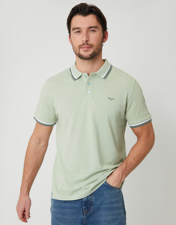 Threadbare Herringbone Tipping Detail Pique Polo Shirt in Sage Green - front view