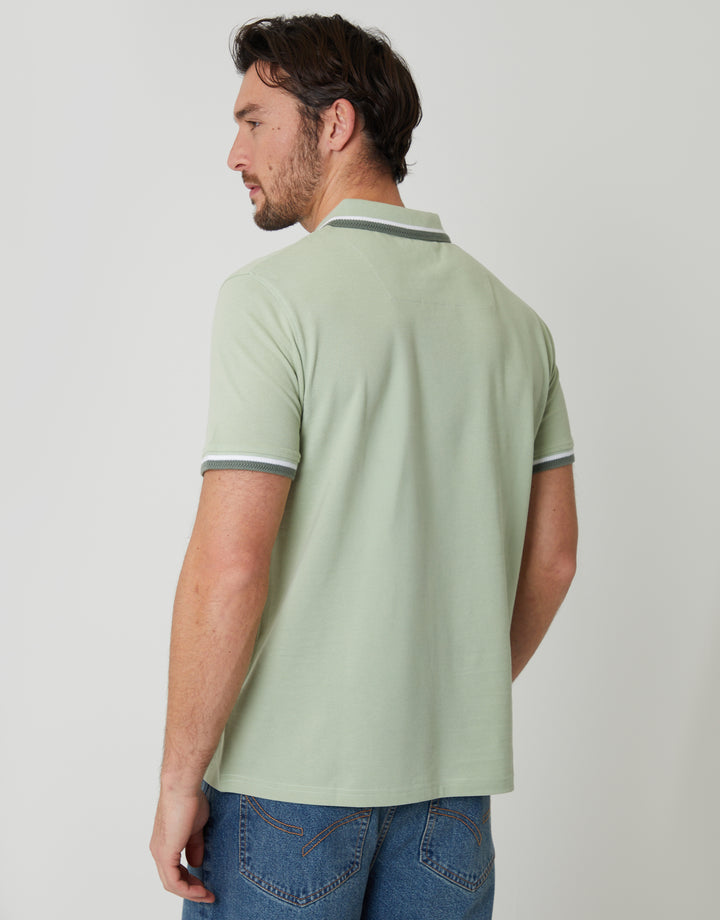 Sage Green Herringbone Tipping Detail Pique Polo Shirt