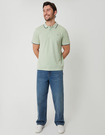 Threadbare Herringbone Tipping Detail Pique Polo Shirt in Sage Green - full body