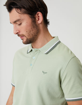Threadbare Herringbone Tipping Detail Pique Polo Shirt in Sage Green - front view close up