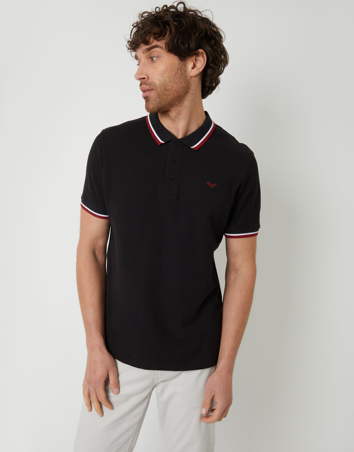 Black Herringbone Tipping Detail Pique Polo Shirt