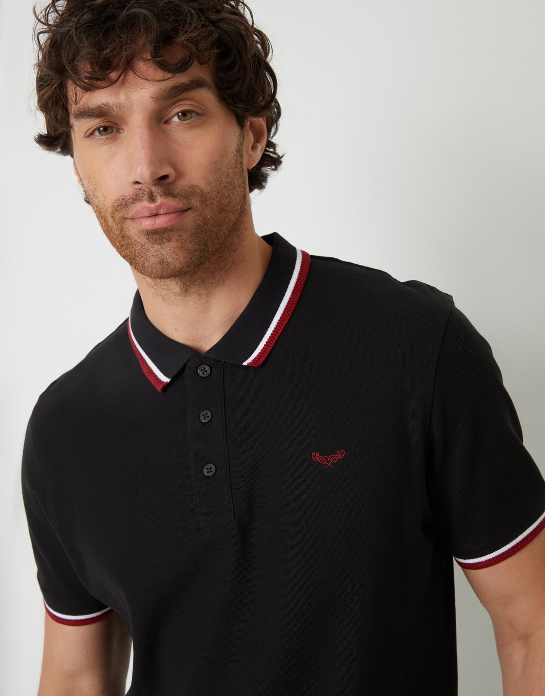 Black Herringbone Tipping Detail Pique Polo Shirt