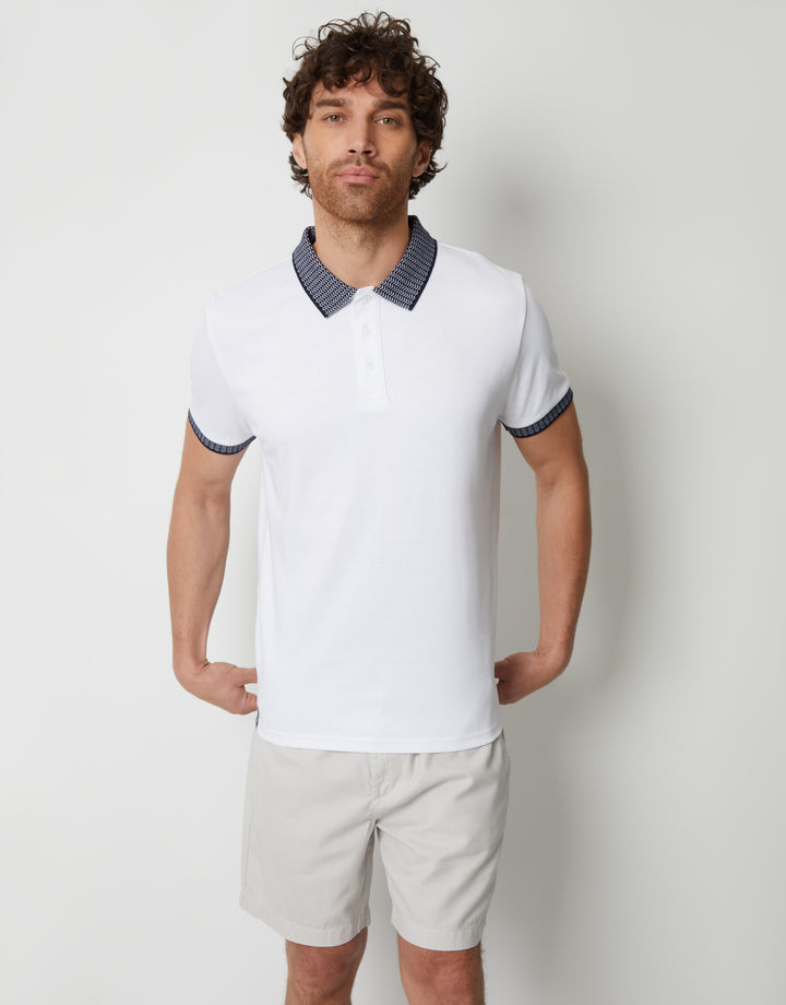 White Contrast Pattern Collar Polo Shirt
