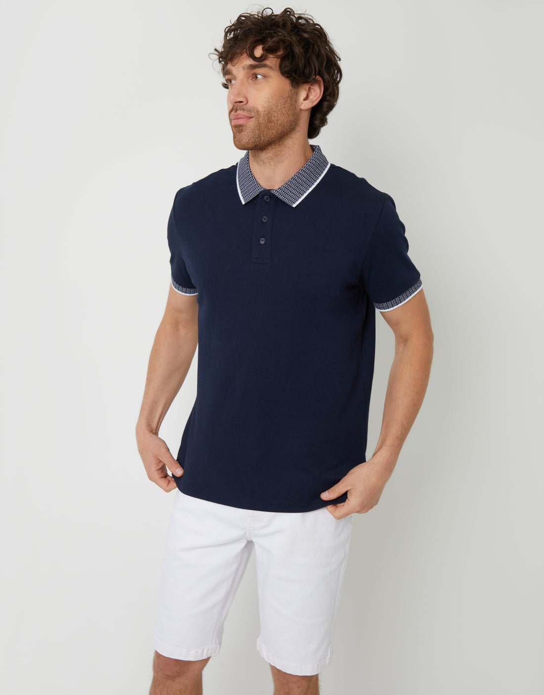 Men's Navy Blue Contrast Pattern Rib Collar Short Sleeve Polo Shirt ...