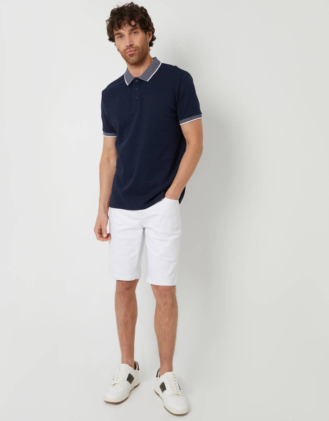 Navy Contrast Pattern Collar Polo Shirt