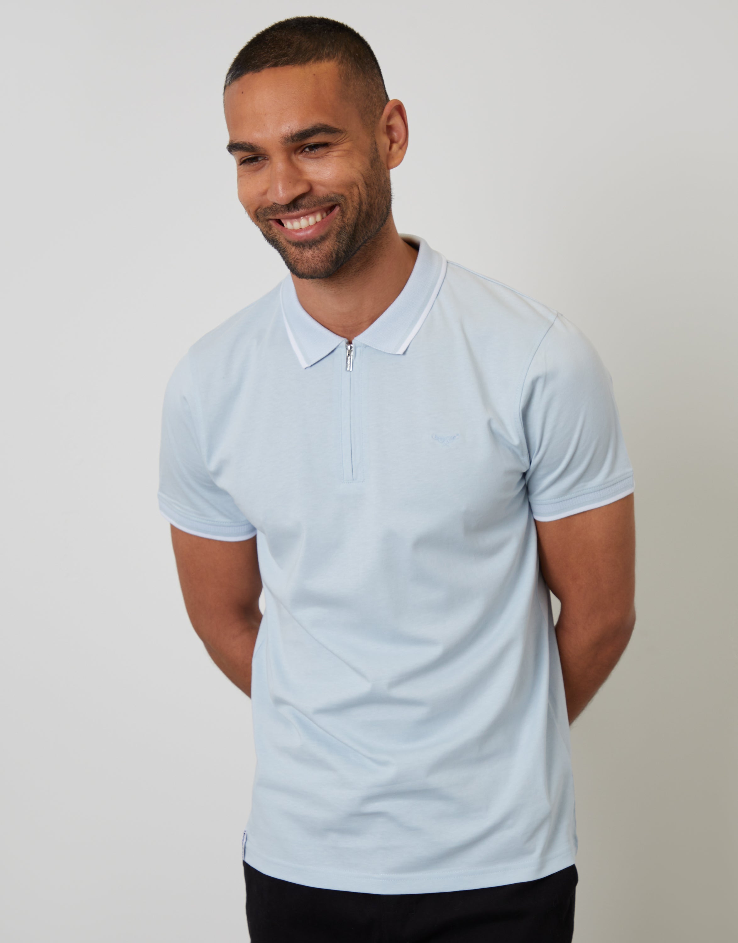Threadbare Men's Light Blue Birdseye Collar Quarter Zip Polo Shirt