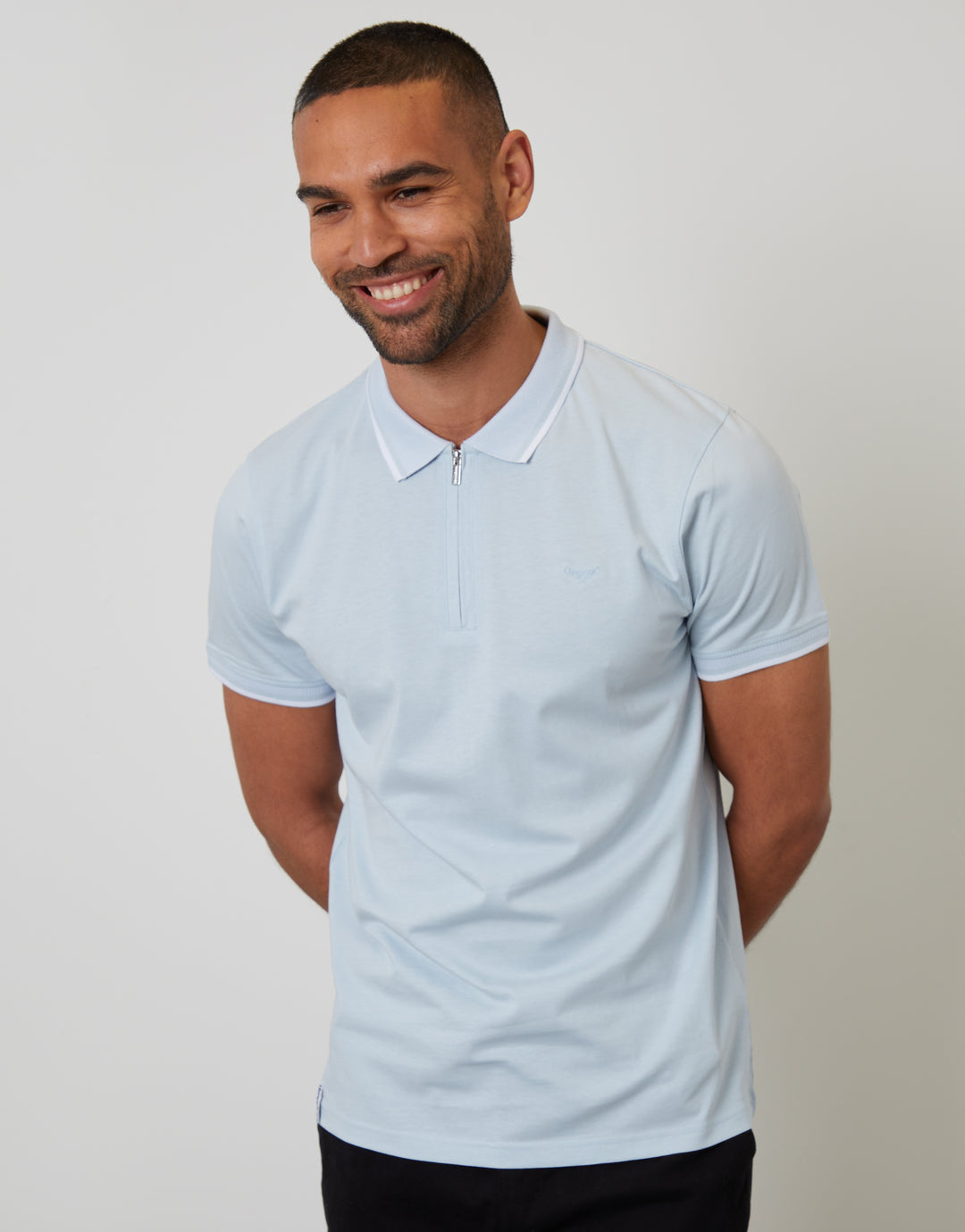 Threadbare Men's Light Blue Birdseye Collar Quarter Zip Polo Shirt