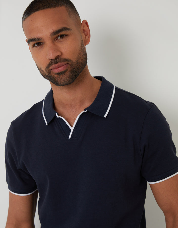 Navy Cotton Interlock Trophy Neck Polo Shirt