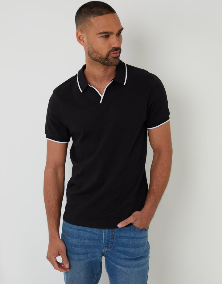Black Cotton Interlock Trophy Neck Polo Shirt