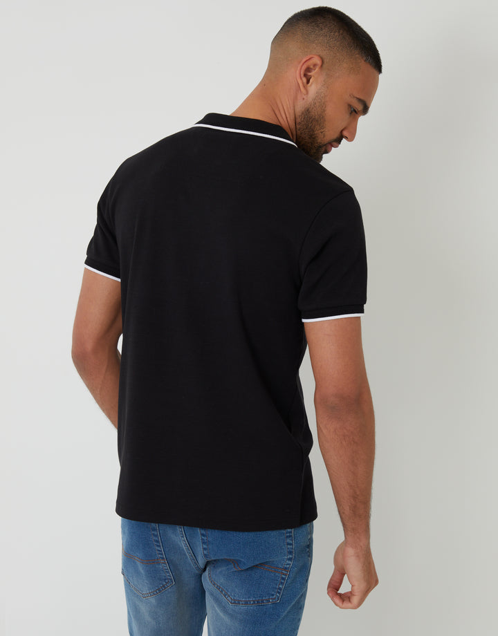 Black Cotton Interlock Trophy Neck Polo Shirt