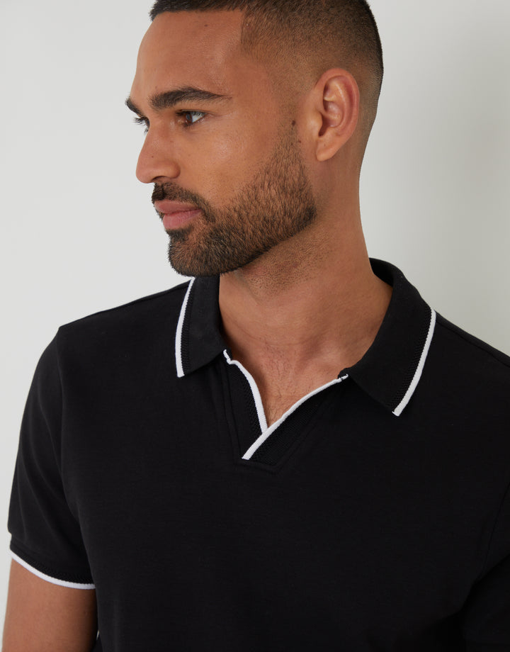 Black Cotton Interlock Trophy Neck Polo Shirt