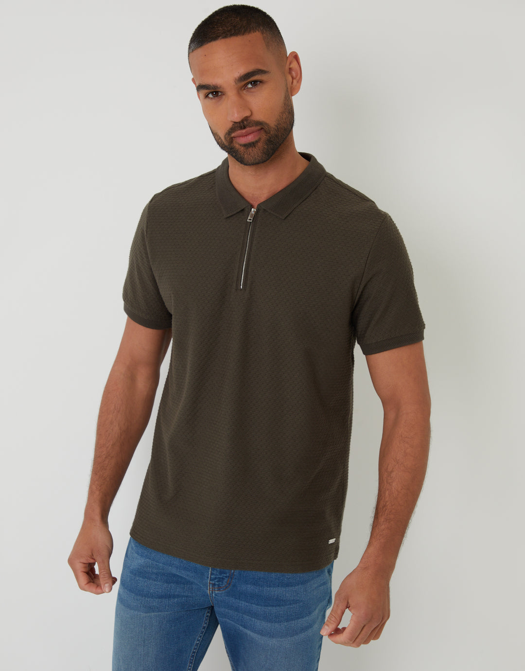 Khaki Green Textured Quarter Zip Polo Shirt