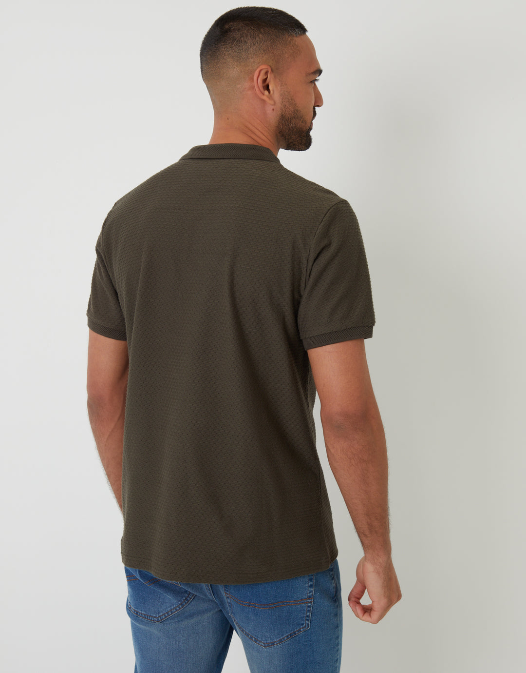 Khaki Green Textured Quarter Zip Polo Shirt