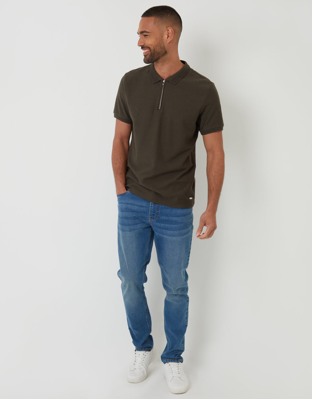 Khaki Green Textured Quarter Zip Polo Shirt