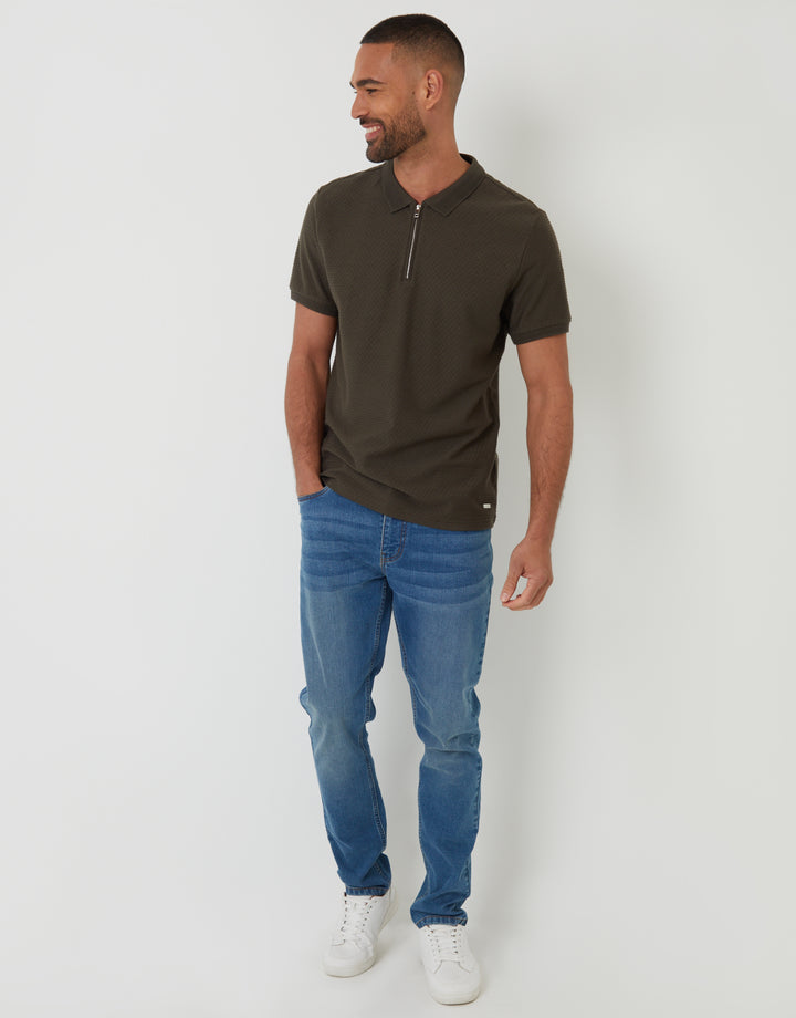 Khaki Green Textured Quarter Zip Polo Shirt