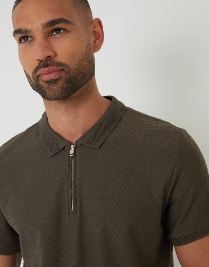 Khaki Green Textured Quarter Zip Polo Shirt