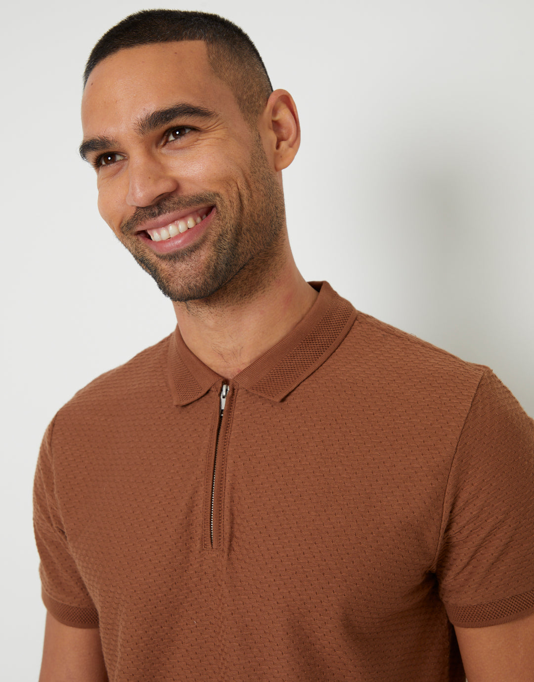 Brown Textured Quarter Zip Polo Shirt